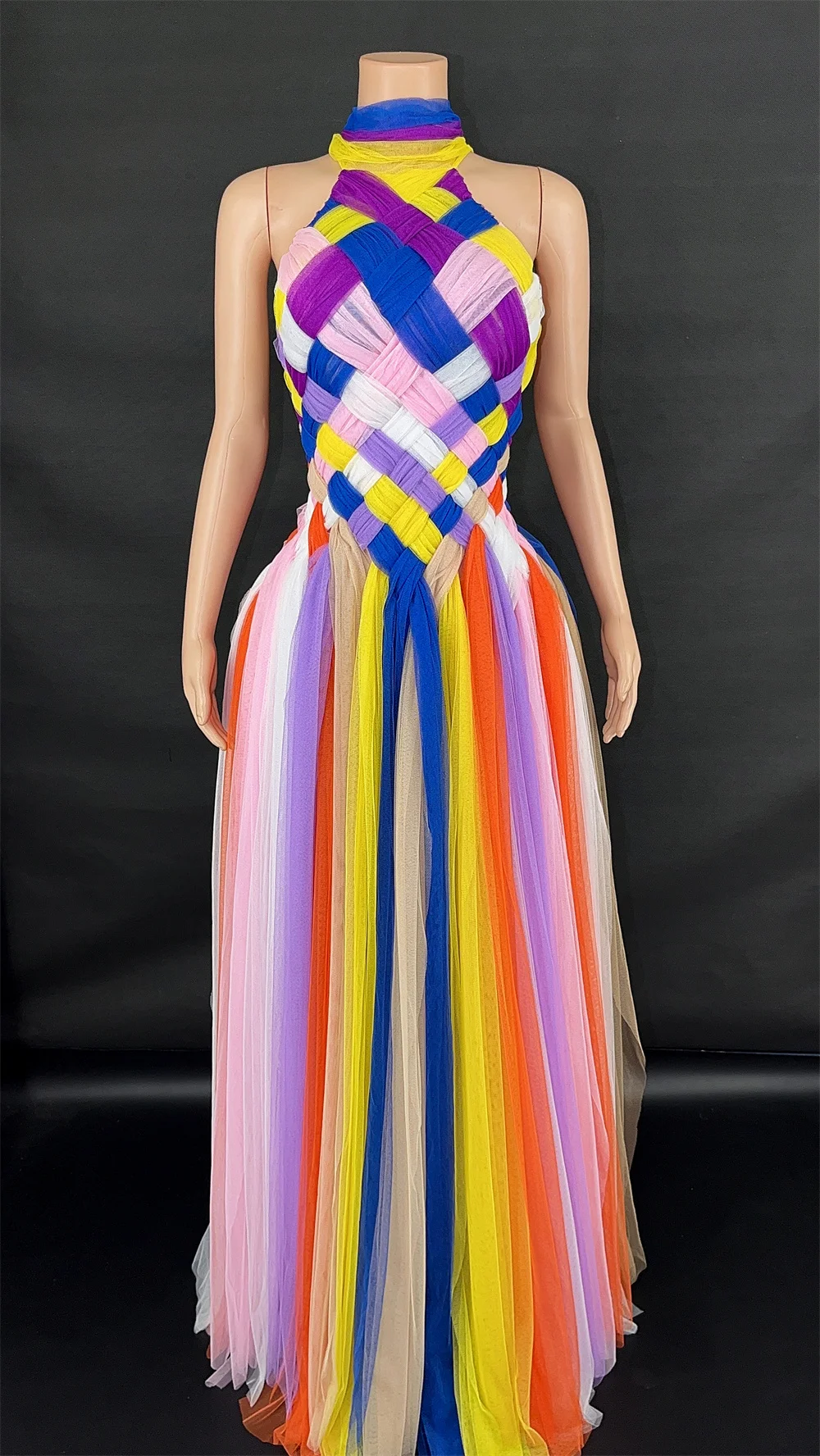 Sexy and elegant multi-colored mesh weaving 2024 fashion sleeveless backless party Birthday celebration ball floor-length dress