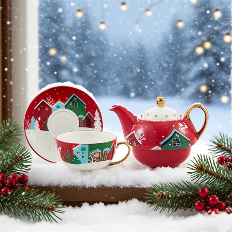 

Christmas theme Teapot Tea Cup Set Home Party Ceramic Teaware Set Gold Plated handle Xmas Coffee Cup Saucer Spoon Xmas Gifts