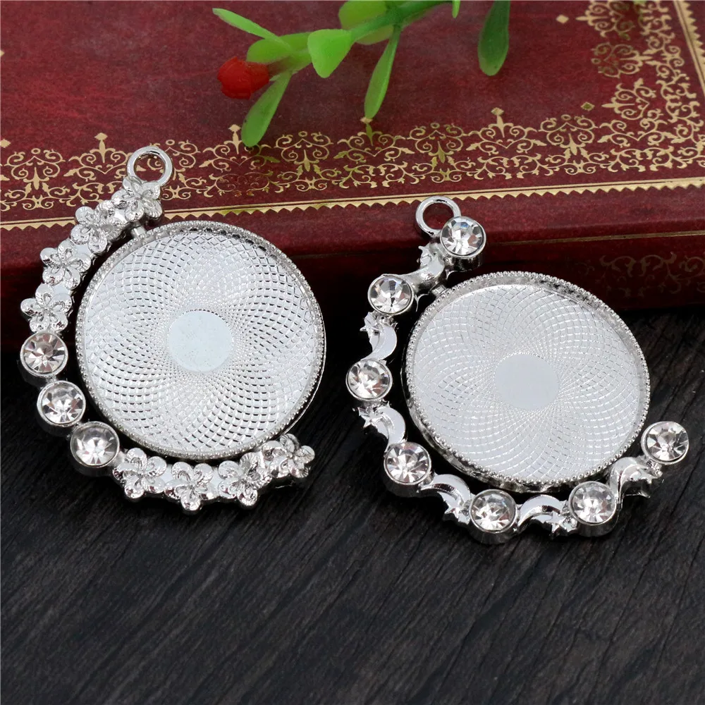 5pcs 25mm Inner Size New Fashion Rotation Double Side Rhodium Colors  Rhinestones Cameo Cabochon Base Setting Pendant