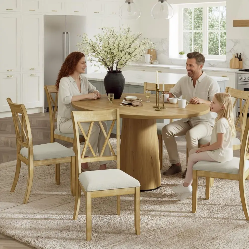 

Wooden Dining Chairs Set of 6, Farmhouse Kitchen Chairs Set with Cross Backrest Wood Legs, Upholstered Accent Dinner Chair for