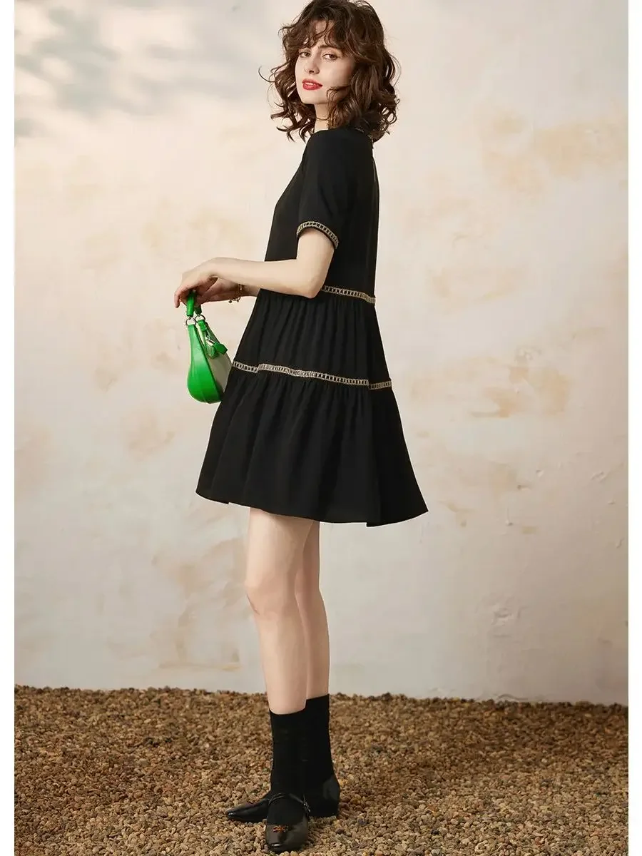 LOUIS YAO Women Dress 2024 Summer Casual Elegant Round Neck Short Sleeve Webbing Loose Fit A-LINE Black Short Dress