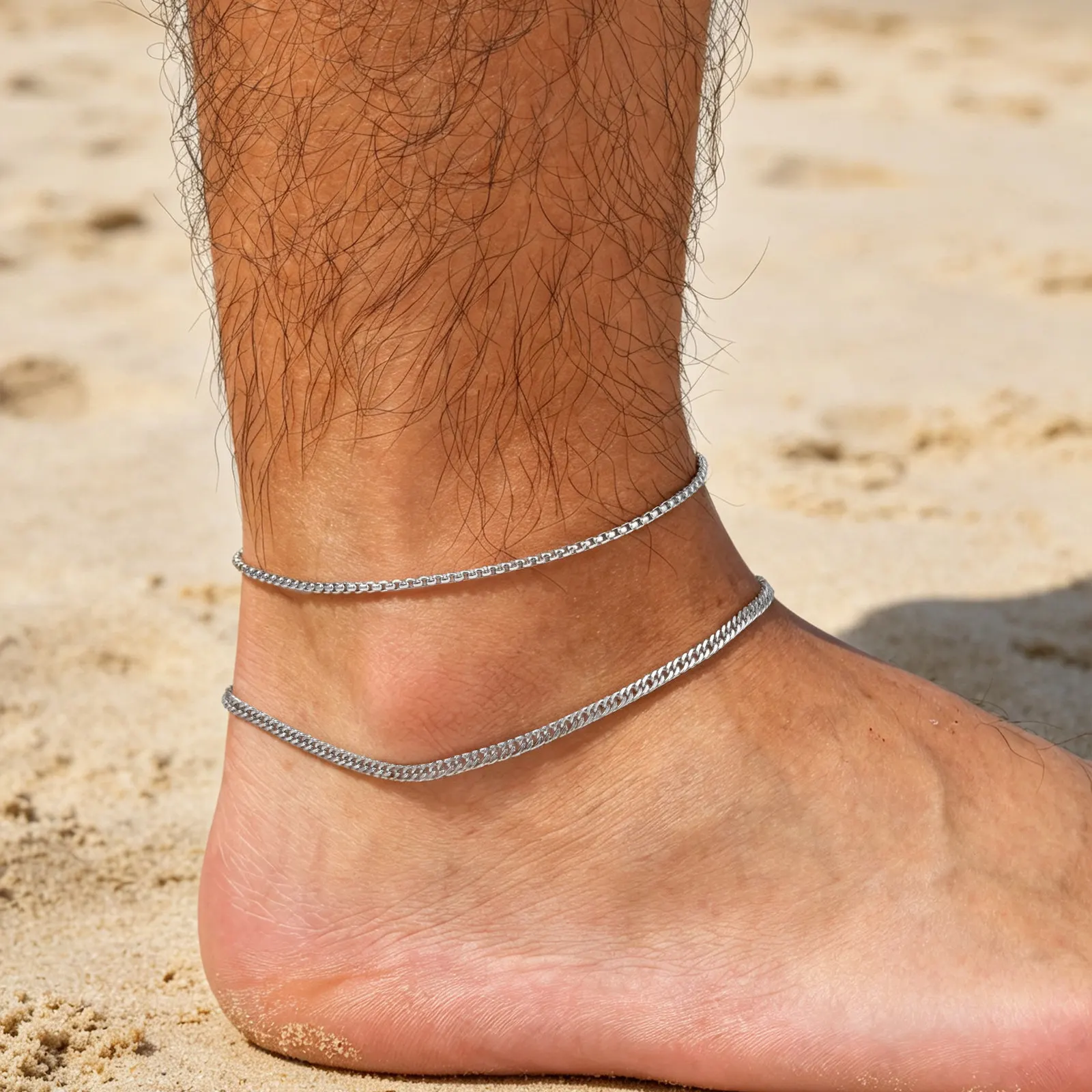 2 Stück Herren-Ketten-Fußkettchen, Hip-Hop Wasserdichtes Edelstahl Kubanisches Gliederarmband, Sommer-Strandschmuck für Jungen und Männer – Detail 3