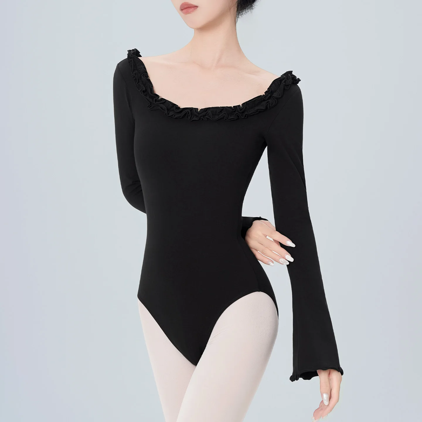 Langärmlige Ballett-Trikots für Frauen Erwachsene Gerüschter Kragen Tanz-Bodysuits Aerialist Yoga-Bodysuits Schwarzer Gymnastik-Trikotanzug