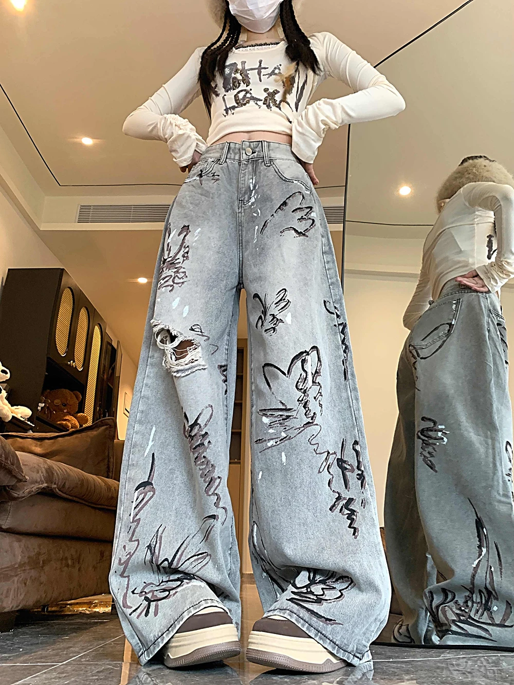 

Chic Hip Hop Hand Draw Print Jeans High Waist Fashion Tassel Ripper Hole Denim Pants Summer Korean Loose Wide Leg Denim Trousers