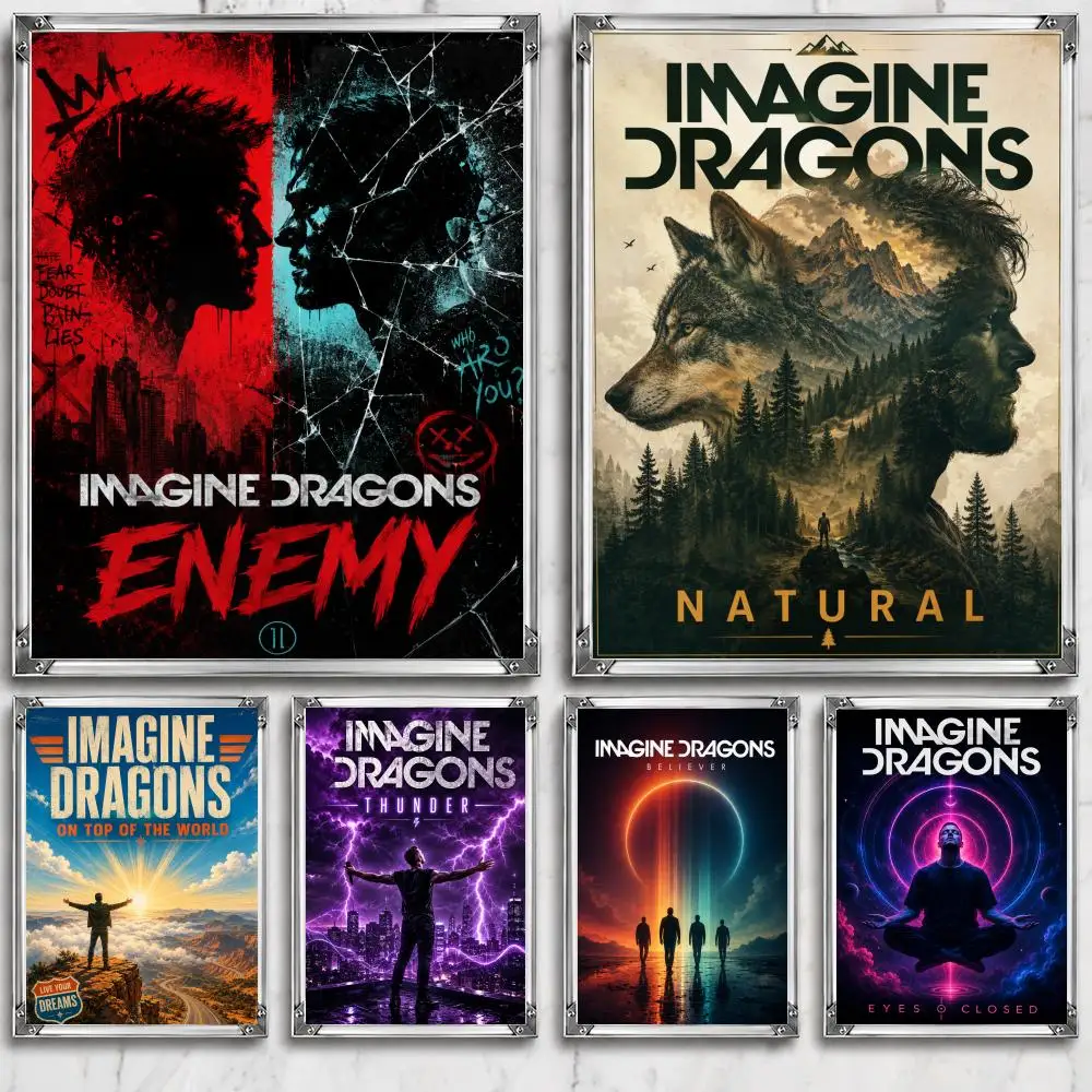 Vintage band I-Imagine D-Dragons Poster Self Adhesive Wall Decor Waterproof Removable for Bedroom Living Room bar Gift