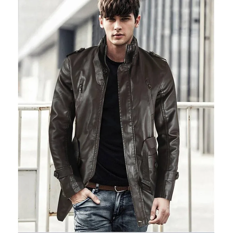 

Men's Genuine Leather Jacket Winter Warm Thick Plush Lining Long Coat With Stand Collar Fashion Outerwear