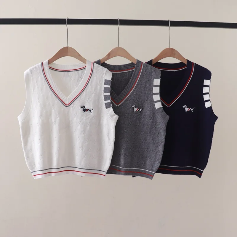 

Autumn and Winter New Collar with Contrast Color StripesVCollar Puppy Embroidery Pullover Sleeveless Sweater Vest Loose Vest