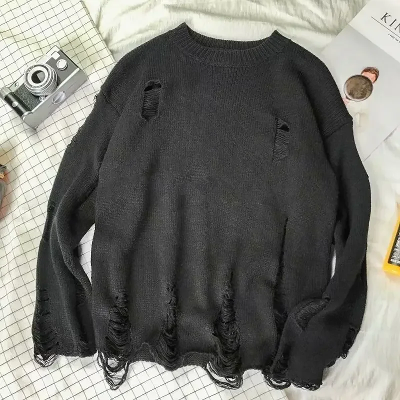 Wash Hole Ripped Knit Sweaters Men Women Streetwear Hip Hop Pullovers Jumper Fashion Oversized All-match Mens Winter Clothes