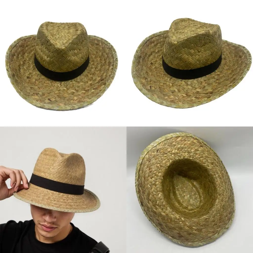 

R1WE Woven Straw Hat Beach Sun Hat Hollows Out Sunhat Stylish Wide Border Hat