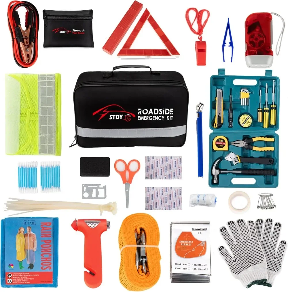 

Придорожный аварийный комплект для автомобиля, комплект безопасности для грузовика - с перемычками, набор инструментов для ремонта автомобиля, буксирный трос