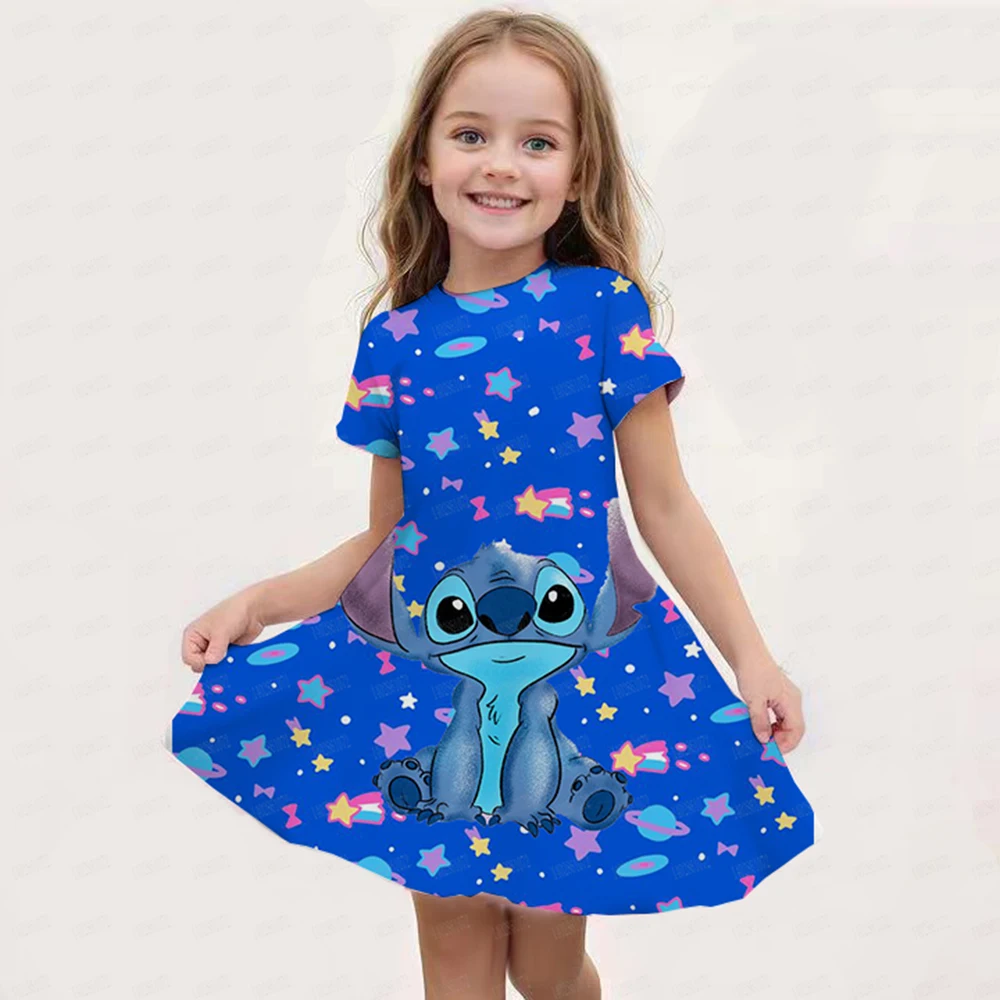 Summer Cute Casual Kids Home wear Clothing Top Tee Children\'s Princess Dresses Girl Birthday Clothing Girls Cartoon Stitch Dress