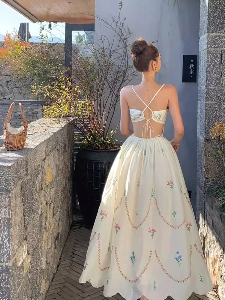 86-94cm Bust Summer Maxi Dress For Women Elegant Slim Sexy Backless Embroidery Floral Dress French Romantic Holiday Sling Dress