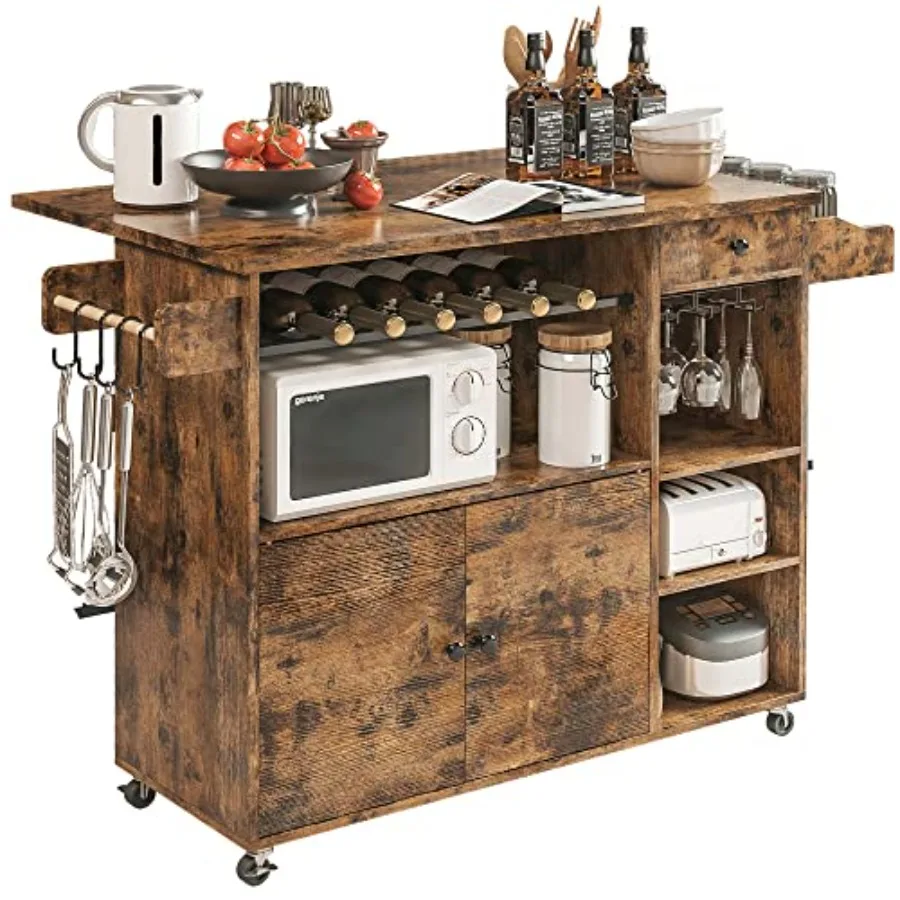 

IRONCK Rolling Kitchen Island Cart with Drop-Leaf and Wine Rack Microwave Rack Serving Cart on Wheels with Drawer Shelves Spice
