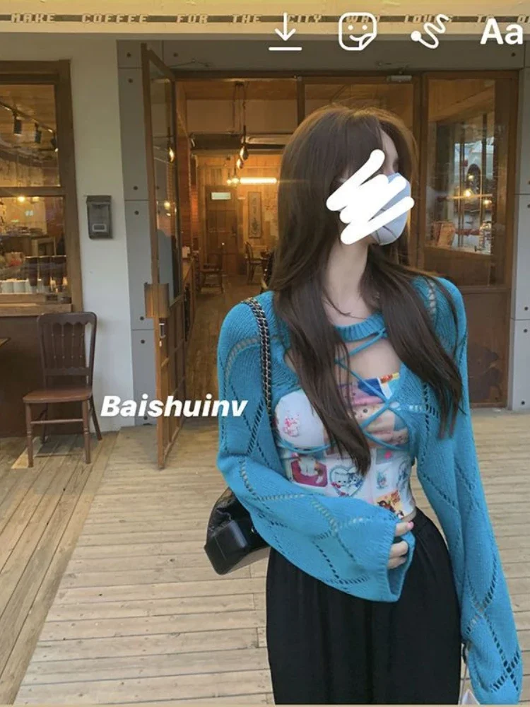 

Women's Knitted Cropped Sweater, Hollow Out Cardigan, Harajuku Sexy Slim Sweater, Casual Streetwear, All-Match Top, Korean Fashi
