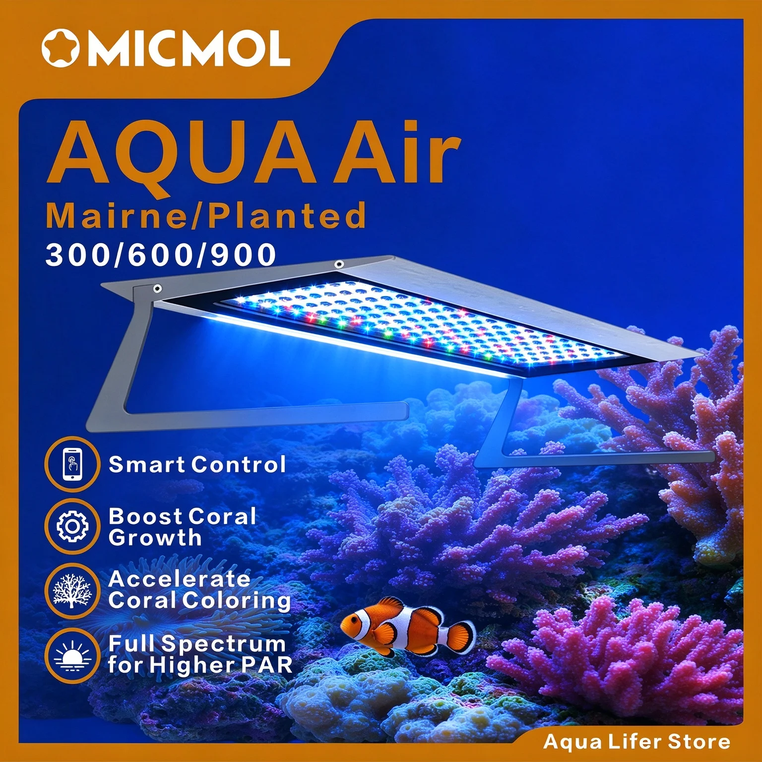 MicMol G3 Aqua Air Aquarium LED Light, Full Spectrum Smart APP Control for Fresh Planted Tank & Saltwater Coral Reef Aquarium