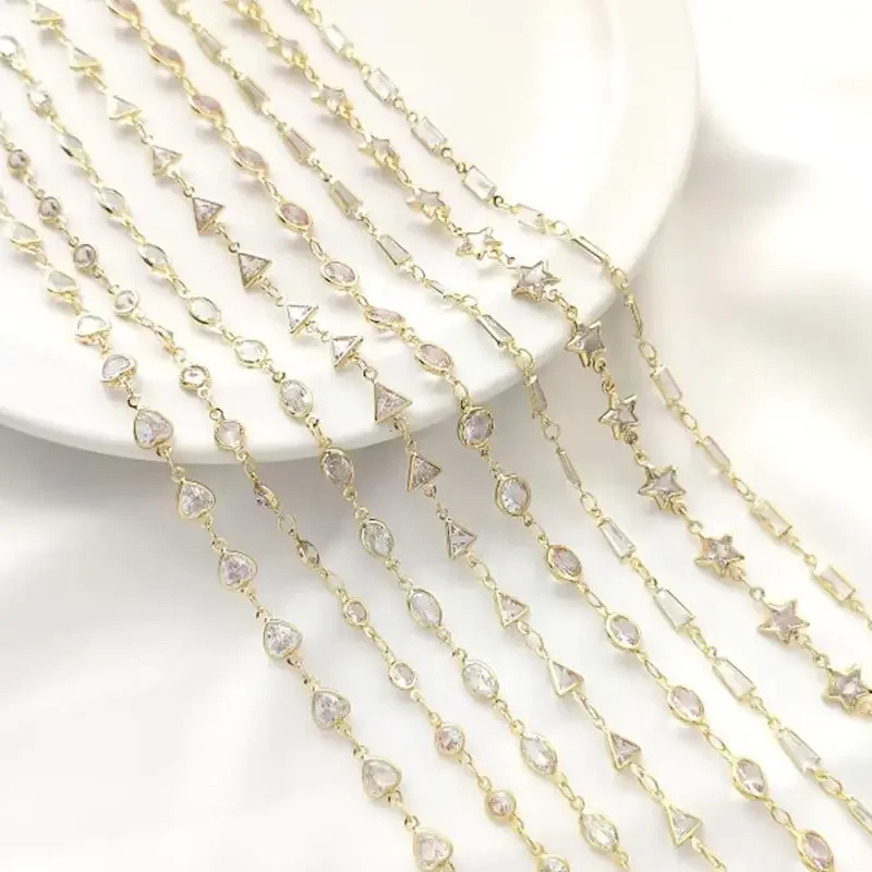 

14K gold wrapped geometric round oval heart shaped pentagram zircon chain hand diy jewelry loose chain
