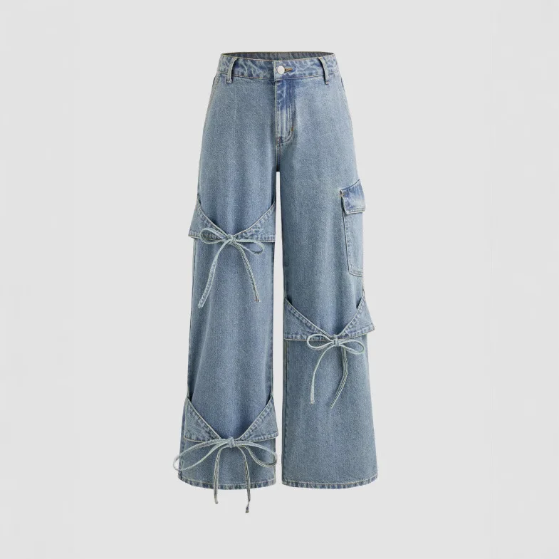 Women Solid Color Distressed Wide Leg Jeans Tie Detail Cargo Pocket High Waist Denim Pants Trendy Casual Outfit Dating & Hangout