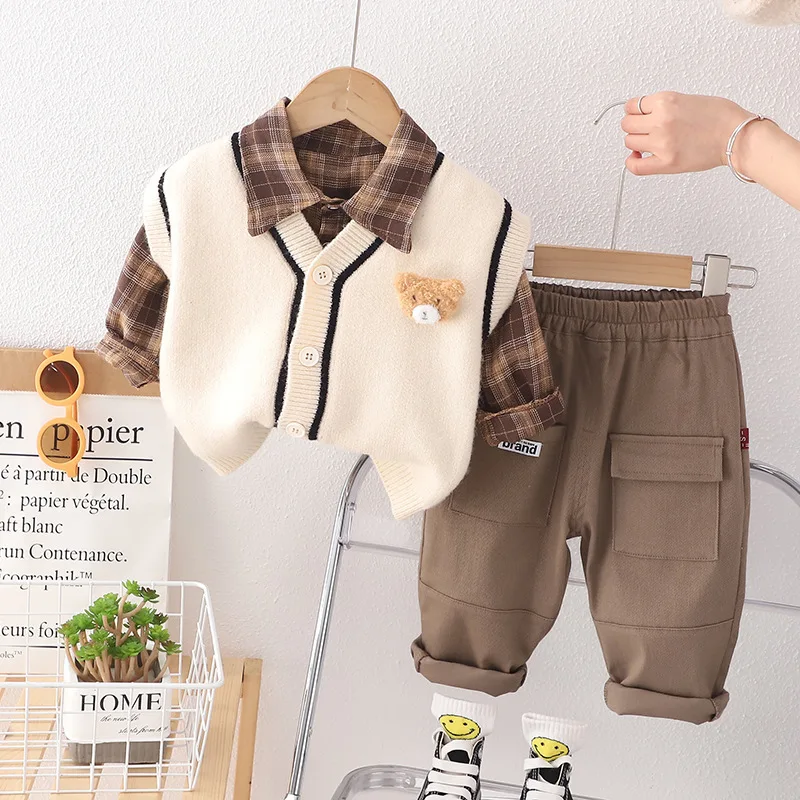 2023 Spring Autumn 3PCS Boys Clothing Set Baby Boys Sweater Vest Long-sleeve Shirts Cargo Pants Clothes Set Infant Children Suit