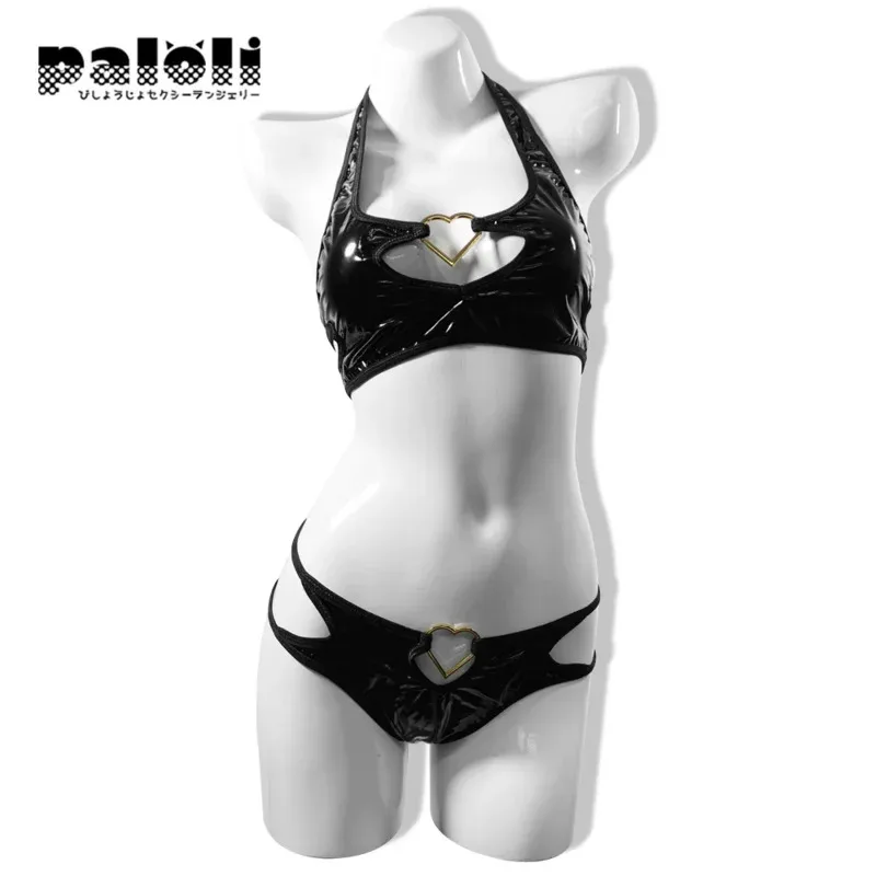 

Women cosplay costume anime succubus bikini swimsuit leather lingerie halter neck black stainless steel heart design bat outfit