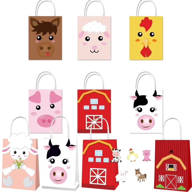 Bolsas de Regalo para Fiesta de Cumpleaños con Temática de Animales de Granja, 6/12 Piezas, Cajas de Papel para Dulces y Recuerdos, Decoraciones para Eventos con Diseño de Oveja, Caballo, Cerdo y Vaca