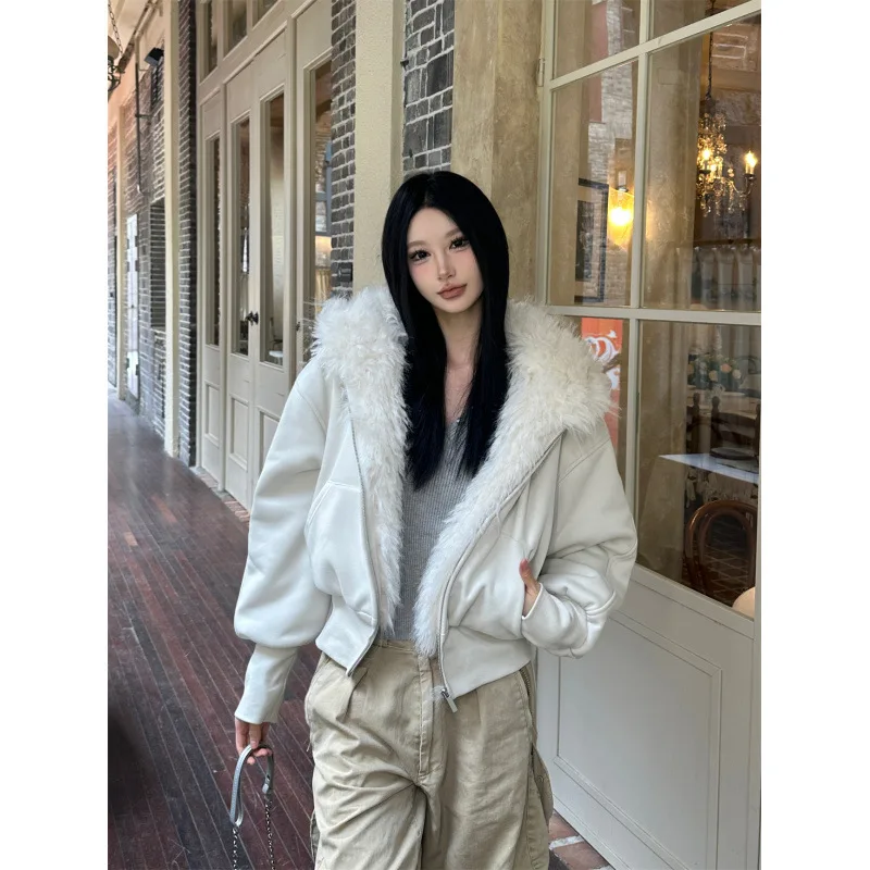 Furry Hooded Fur Trimmed Cotton Puffer Jacket Zip Up Quilted Cropped Winter Warm Women Outerwear Causal Chic