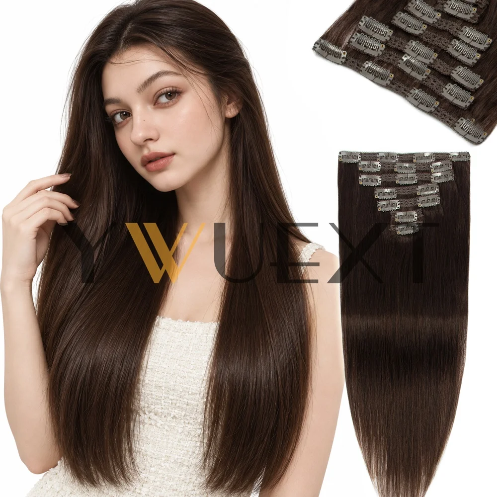 YWUEXT Brown Clip-In Human Hair Extensions 12"-20" Natural Hair with Clips Easy to Install for Women Add Volume Clip-In Hair 50g-60g