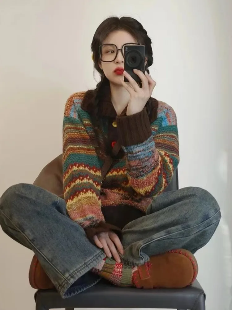 

Корейский трикотаж Sle Fair Isle, женский осенне-зимний уникальный мягкий полосатый свитер с рисунком маслом Sle Aosphere, удобный топ