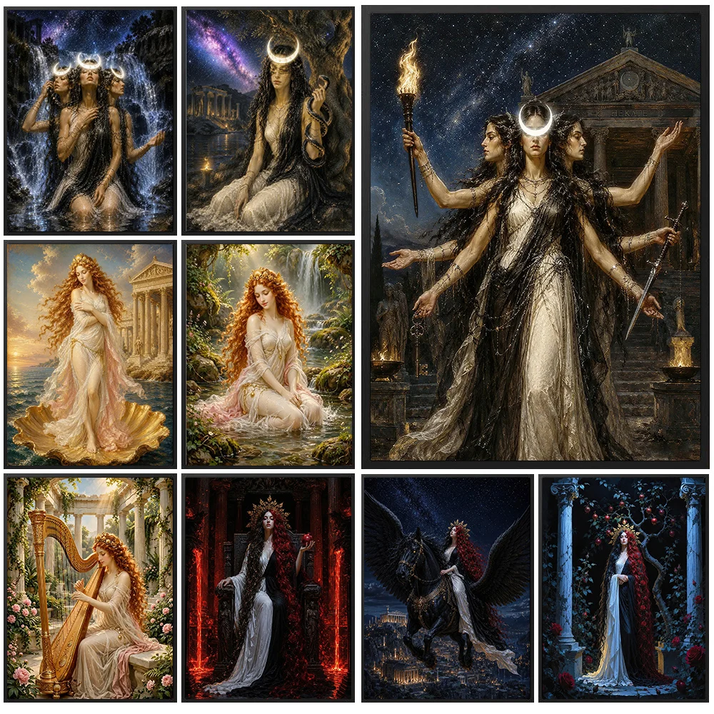 Greek Goddess Canvas Wall Art,Aphrodite Venus,Persephone And Hecate Goddess Canvas Poster,Greek Mythology Gothic Artwork Decor