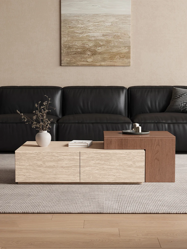 XL Solid Wood Coffee Table For Living Room, Home Use, Travertine Stone, High-End Feel, Adjustable Height, Storage Tea Table