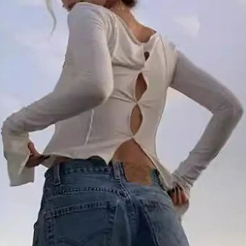 ضروري لسيارات Y2K! بلوزة رمادية مجوفة - رفيعة - بأكمام طويلة مع مشاعر جمالية قوية