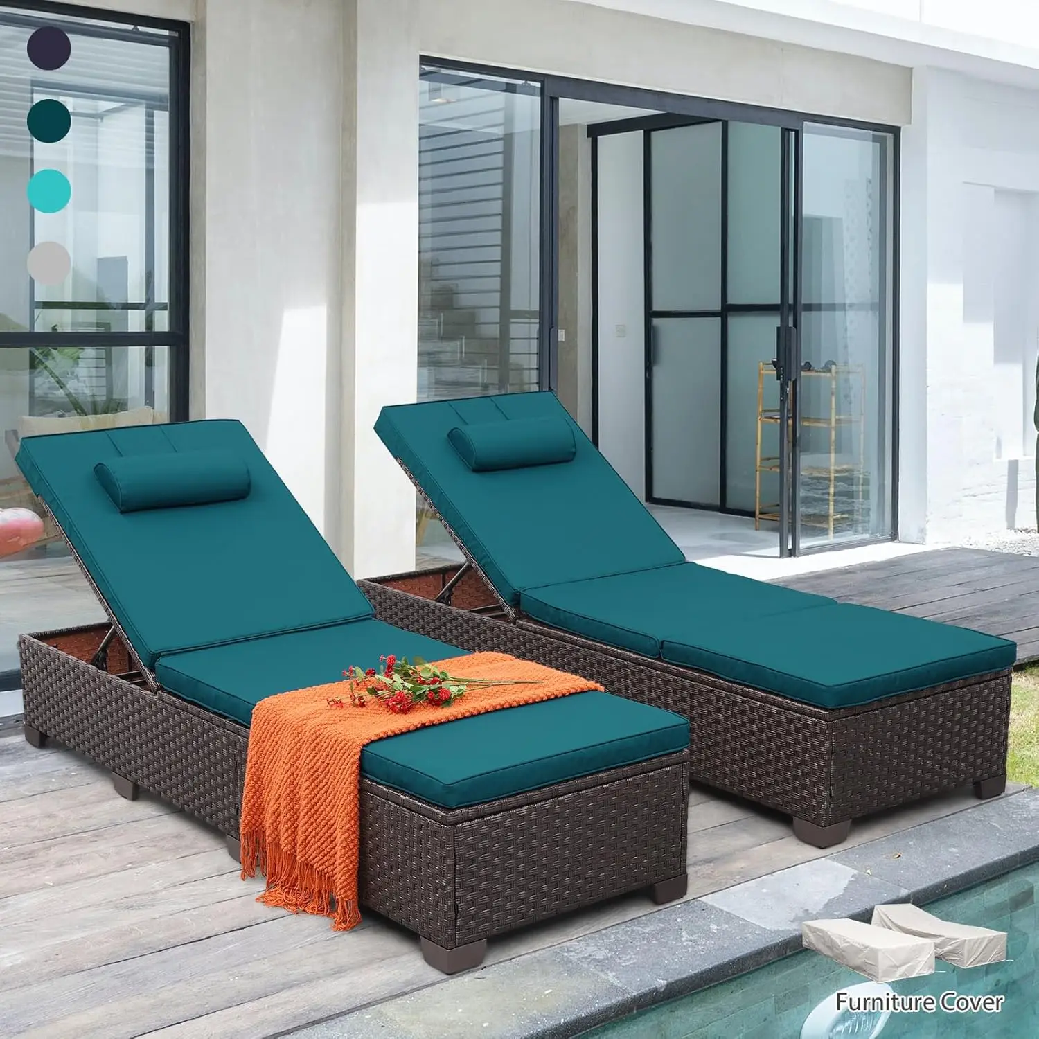 Outdoor Wicker Chaise Lounge Set of 2 Multi-Angle Adjustable Backrest with Cushions & Headrest for Patio Pool, Customized