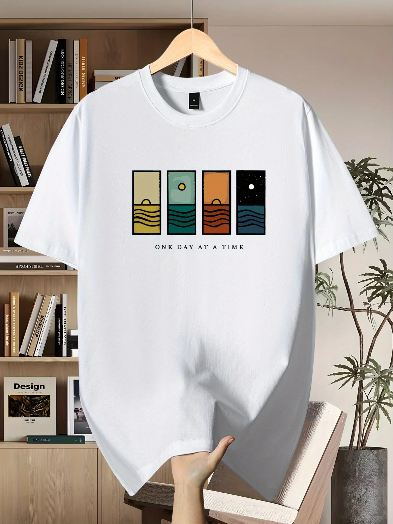 Men's fashionable new simple sunset pattern printed T-shirt, 100% cotton, casual and loose short-sleeved trendy top