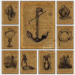 Vintage Navy Sundial Engraving Lighthouse Posters Deep Print Canvas Painting Sea Diver Engraving for Boys Room Navigation Decor