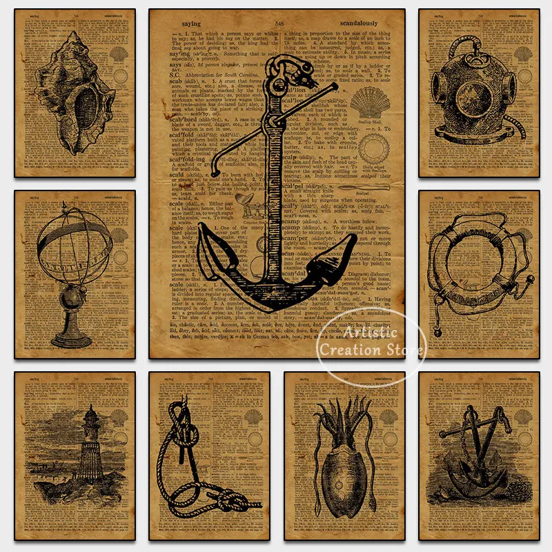 Vintage Navy Sundial Engraving Lighthouse Posters Deep Print Canvas Painting Sea Diver Engraving for Boys Room Navigation Decor