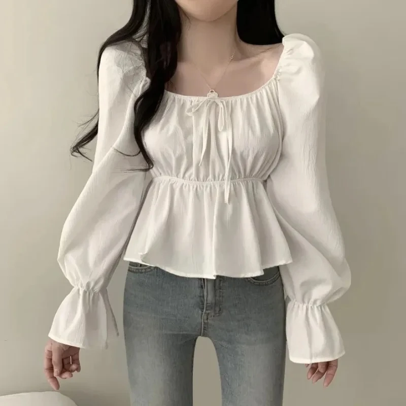 Elegant Bow Tied Flared Long Sleeve Women Blouse Square Neck Slim Waist Belt Shirt Korean Style Ruffle Casual White Tops Blusas