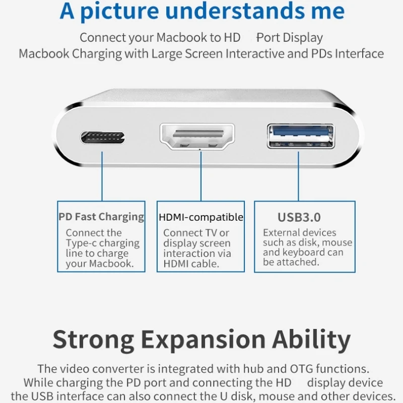 4K HDMI 호환 USB 3.0 포트가 있는 3 in 1 USB-C 허브 Mac Pro/Air Huawei Samsung 노트북용 PD 빠른 충전 도킹 스테이션