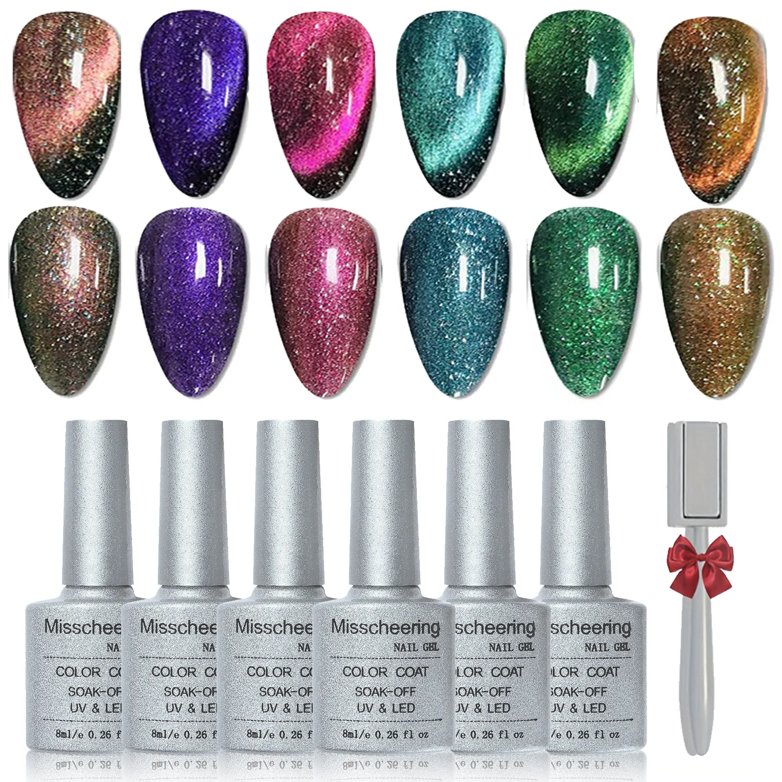 

Cat Eye Gel Nail Polish Set, 6 Colors Glitter Gel Polish Kit Red Pink Shiny Brown Burgundy Purple Blue Green Magnetic