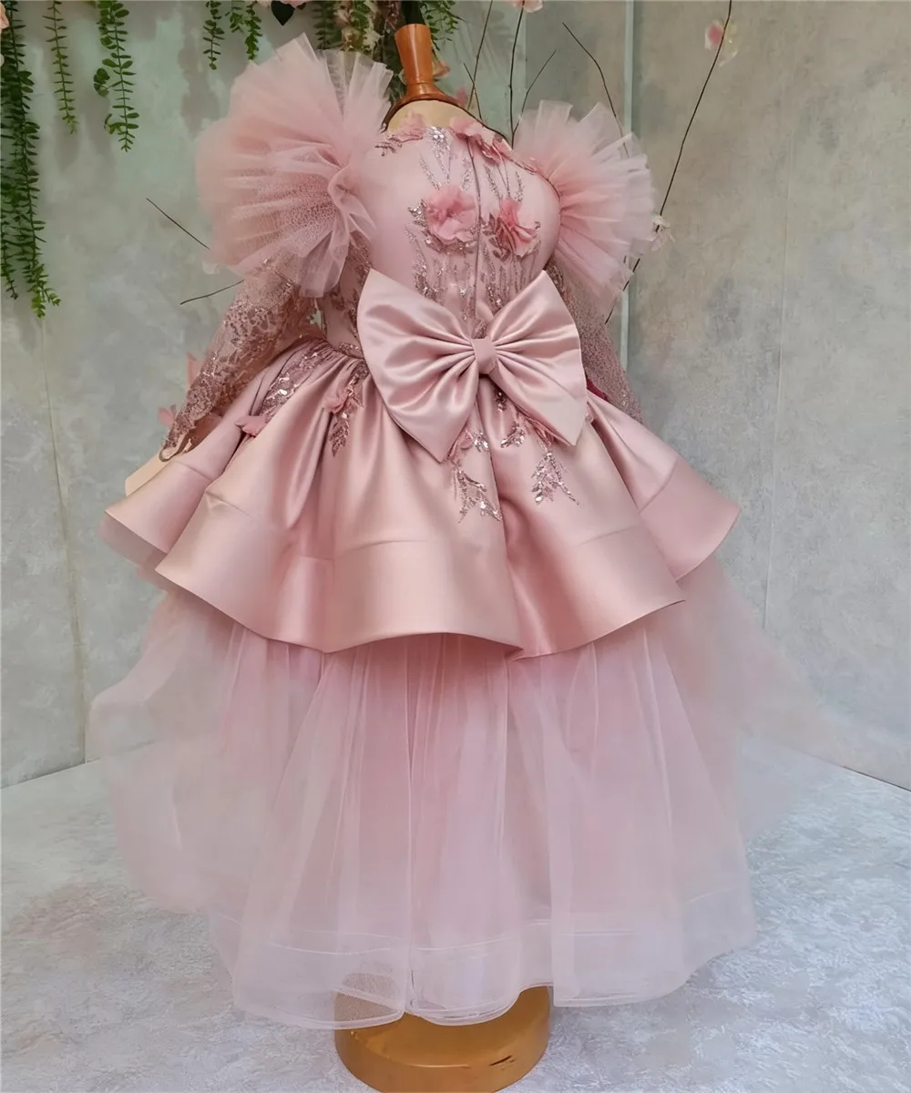 

Customized Pink Sequins Flower Girl Dress For Wedding Appliques Floral Bow Puffy Baby First Communion Kids Birthday Party Gown