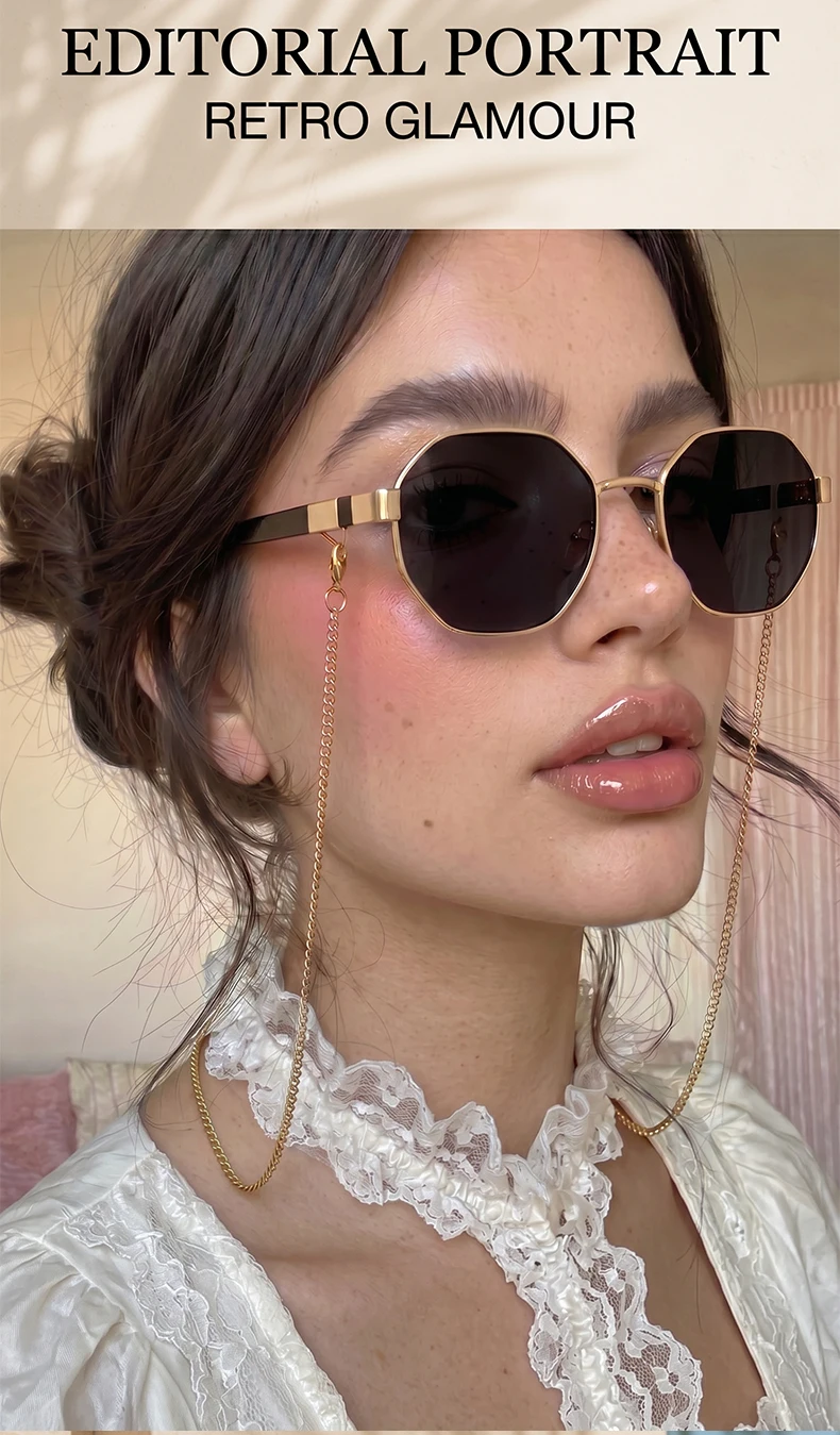 Achteck Vintage Sonnenbrille Frauen mit Kette Luxusmarke sexy quadratische Sonnenbrille für Damen Punk Brillen Sonnenbrillen uv400 – Detail 1
