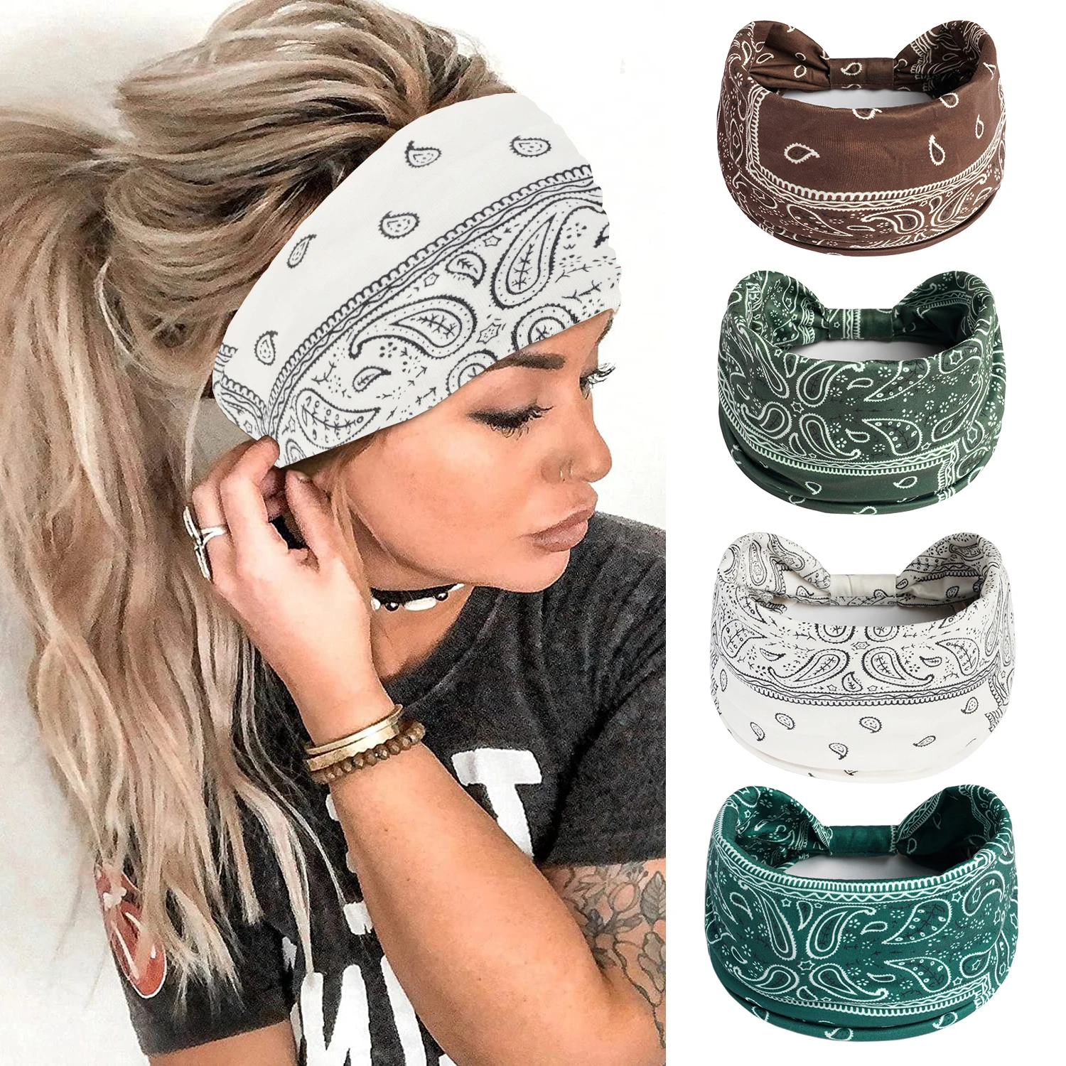 Bohemian Headbands Wide Turban Headband Stretch Hair Bands Knoted Head Wraps Yoga Hairband Hair Accessories for Women and Girls