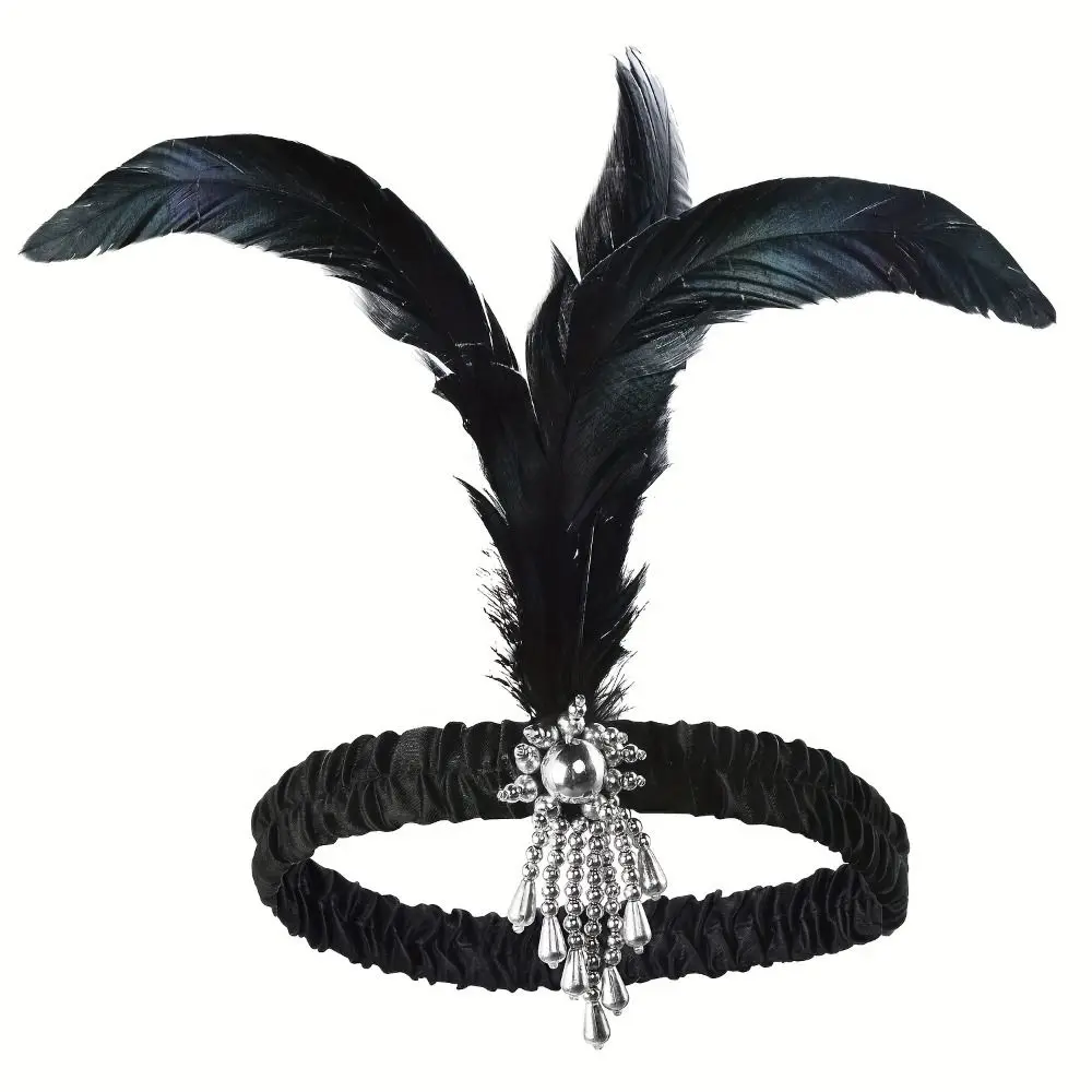 Diadema de plumas de diamante para mujer, accesorios para el cabello, banda para el cabello de fiesta de maquillaje, borla negra, vestido de Cosplay