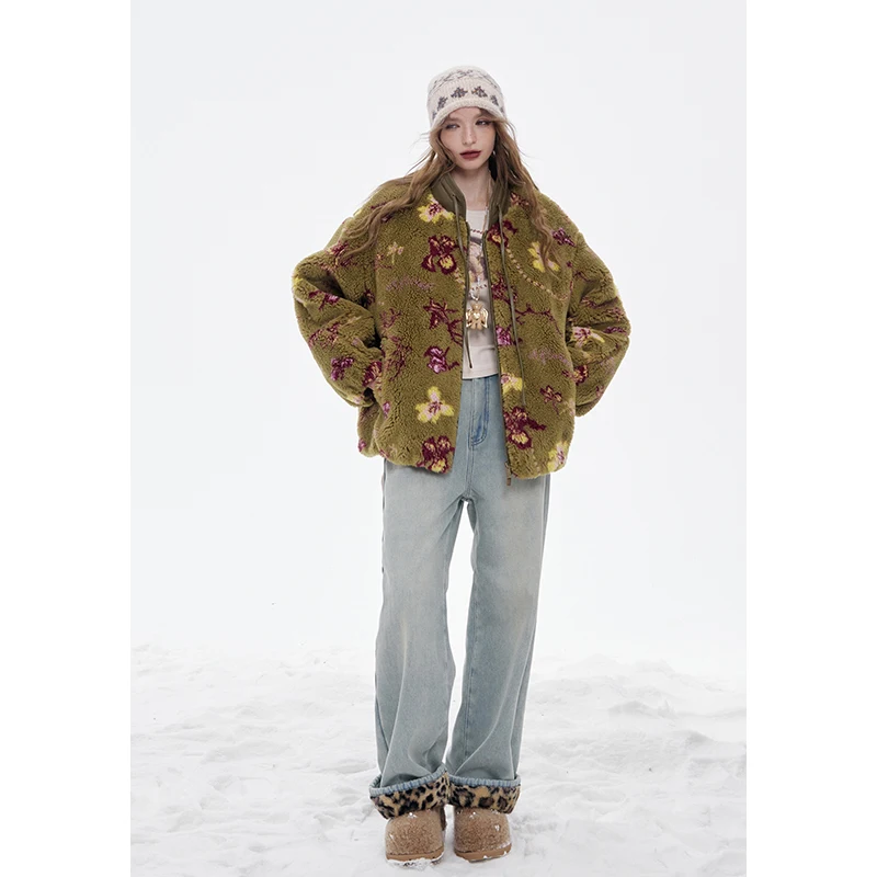 ELFSACK Women's Vintage Fleece Jacket with Floral Print & Zip Closure, Retro Loose Outerwear for Fall