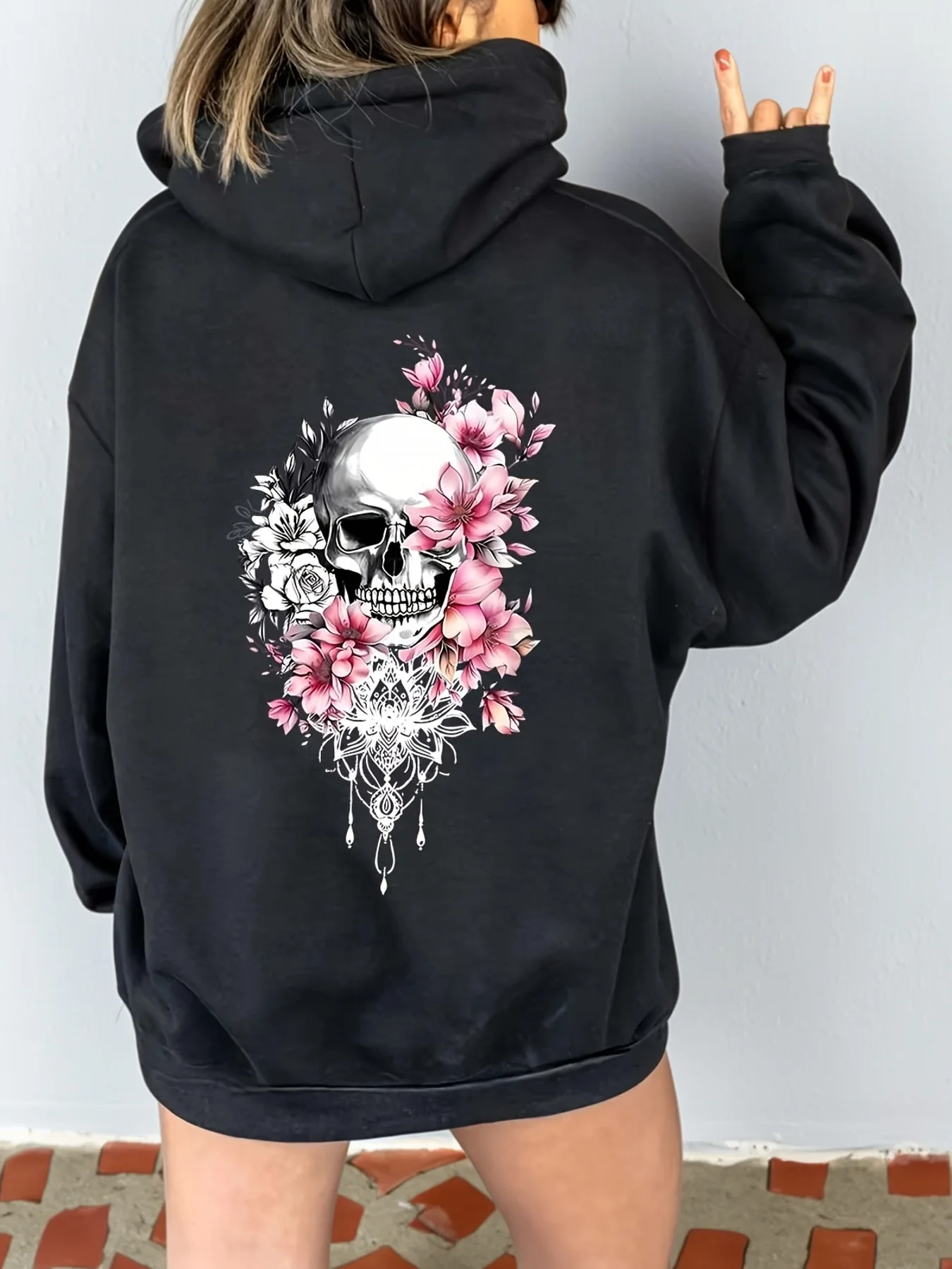 

Женская осенне-зимняя повседневная свободная готическая толстовка с принтом черепа и лотоса и плюшевой теплой толстовкой с капюшоном и длинными рукавами