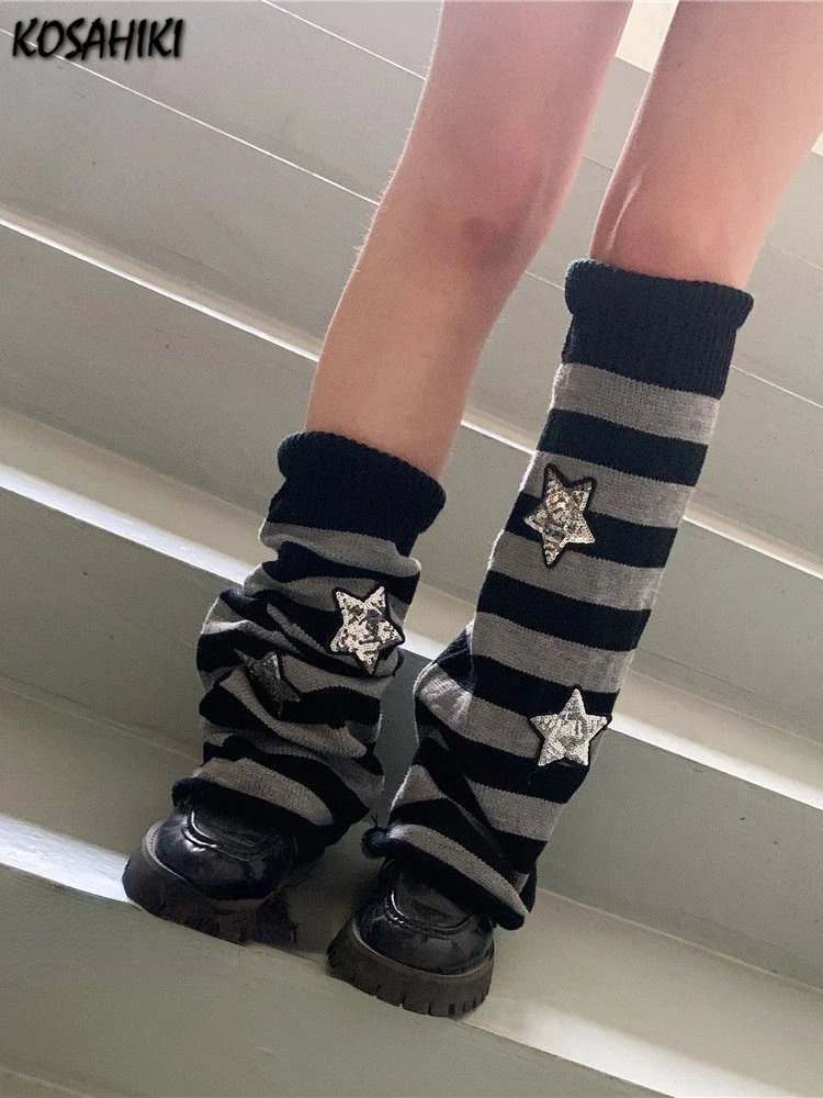 KOSAHIKI Y2k Goth Lolita Striped Star Leg Warmers Japanese Women Gothic Long Socks Leggings Knee Knitted Cuffs Ankle Warmer