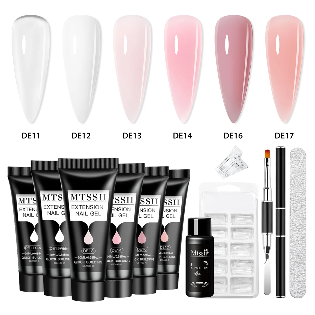 

Набор из 11 штук: 20 мл полигелей для наращивания ногтей, прозрачный и белый УФ-гель для ногтей, формы для типсов, акриловый гель, кисть для наращивания.