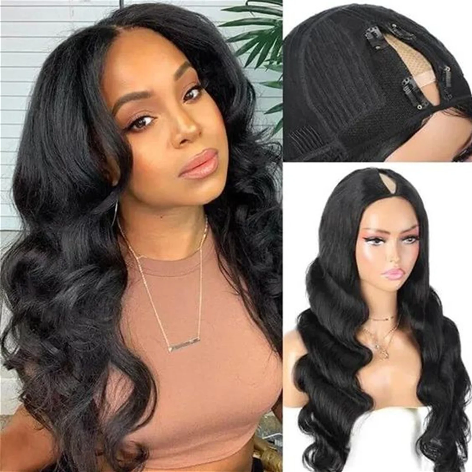 

V Part Wigs Human Hair Body Wave Human Hair Wig V Shape Full Machine Made Wigs For Women Head Clip No Leave Out Natural Black
