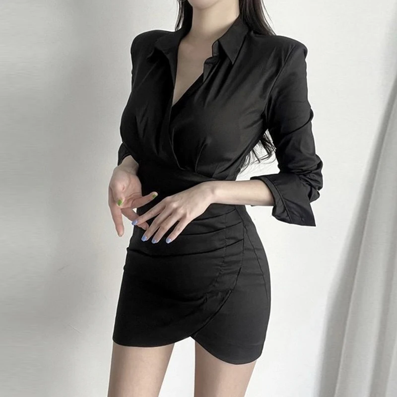 Shoulder Pad Sexy Waist Tightening Women Shirt Dress Slim High Waist Buttocks Wrapped Dress Female Long Sleeve Black Mini Dress