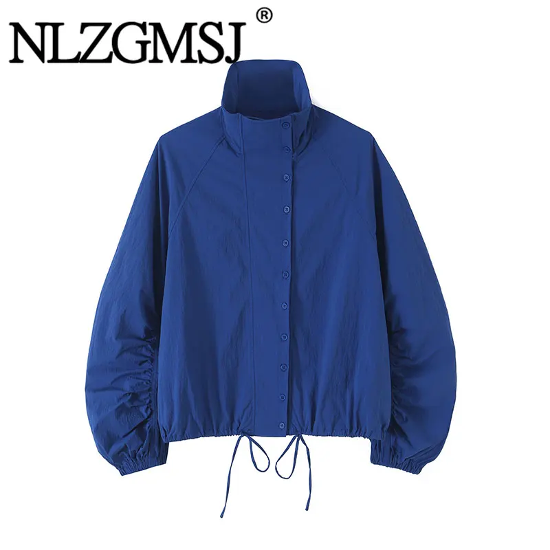 Nlzgmsj 2026 Autumn Women Stand Collar Windbreaker Jacket  Drawstring Hem Button Up Loose Casual Streetwear  Y2K