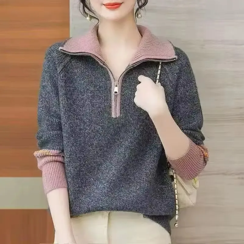 

Lapel Zipper Sweater Jacket Women New Autumn Winter Korean Pullover Coat Female Fake Two-Piece Knitwear Bottoming Shirt Lady Top
