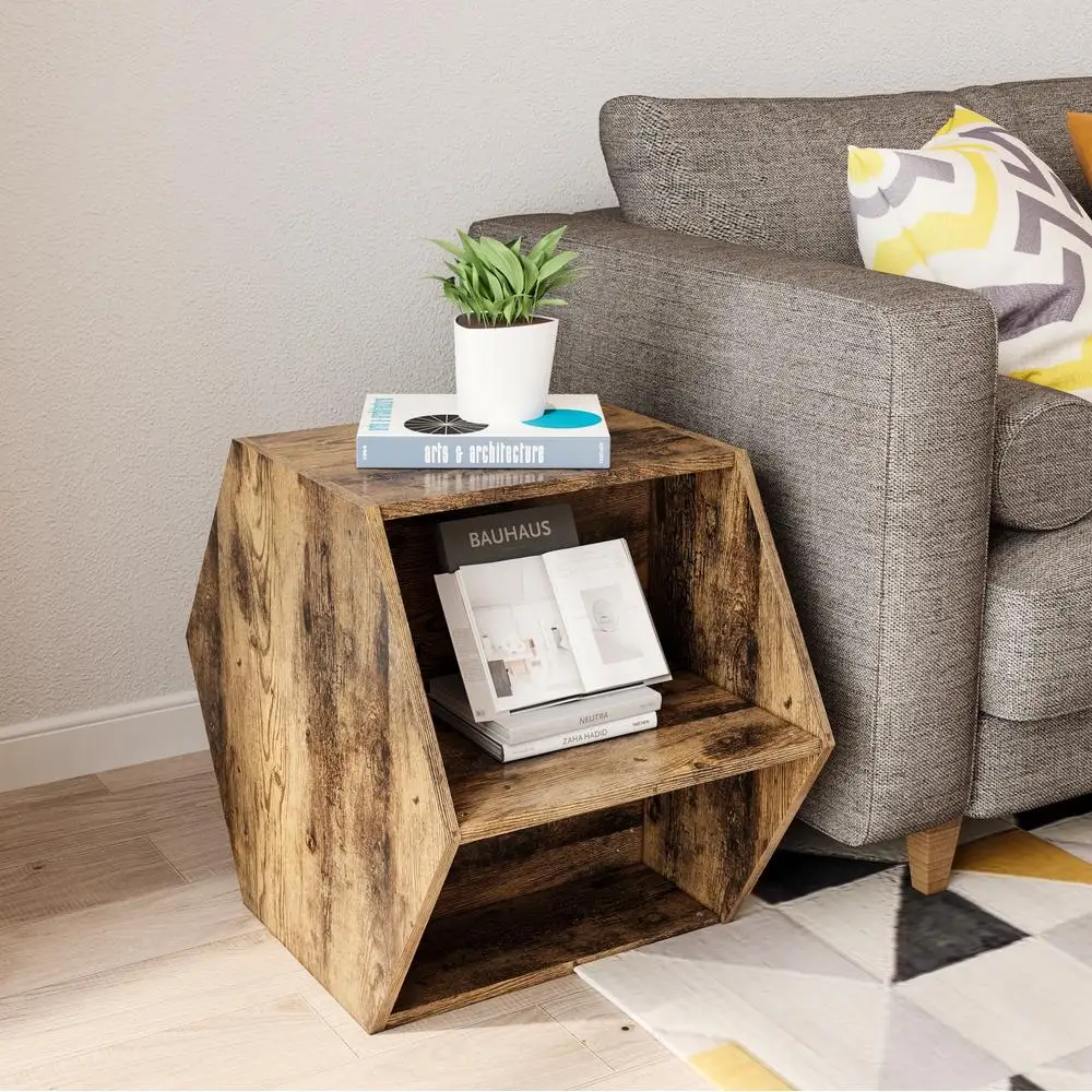 Zeshoekige salontafel bijzettafel nachtkastje antiek hout geometrische vorm opslag 23,62 inch